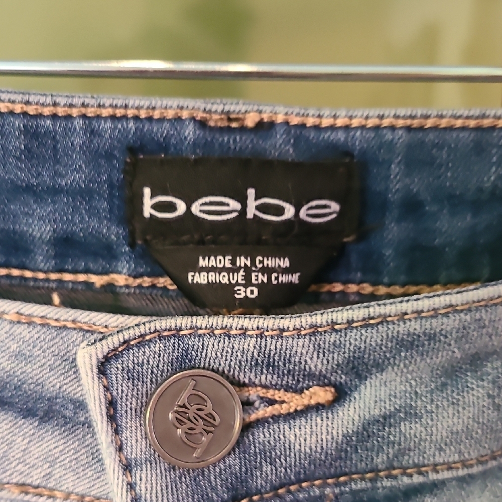 bebe Light Blue Straight Leg Jeans with Pearl Details - Picture 2 of 9